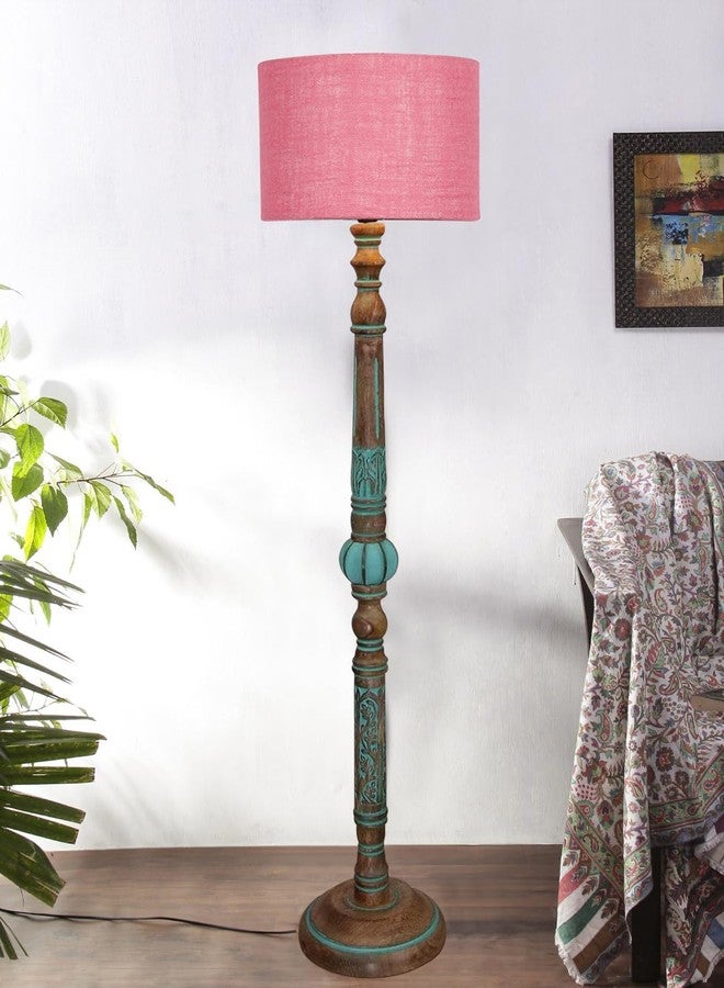 Devansh Mid Century Modern Floor Lamp,Hand Turned Floor Lamp Wood for Living Room,Stand Lamp with Fabric Lampshade for Bedroom, Study Room and Office, (Pink)-Jute - Image 1