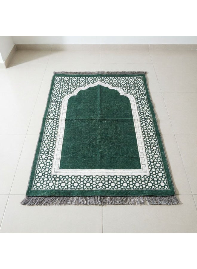 Chenille Prayer Mat 3-Piece Set with Tasbih & Cylinder Gift Box, Multi-Color Jacquard Islamic Design - Image 2