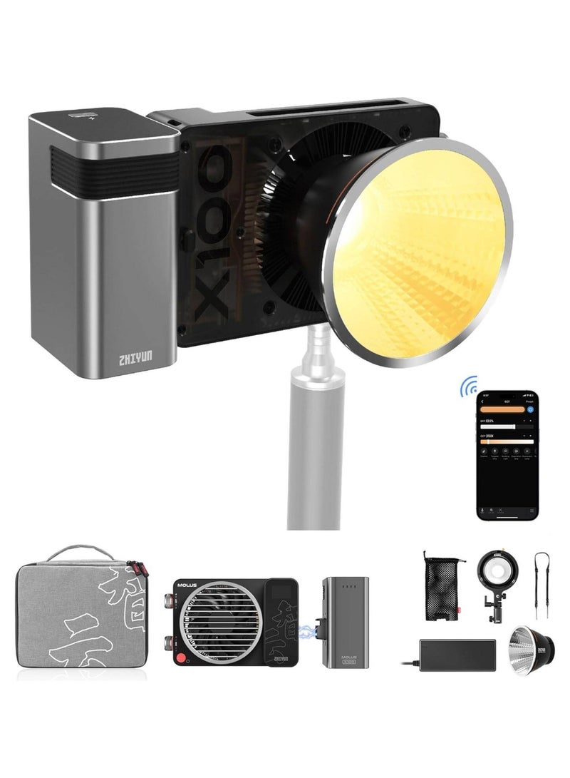 زيون زهيون مولوس X100 كومبو ضوء COB جيب ثنائي اللون 100 واط – 2700‑6500 ك، CRI ≥95 / TLCI ≥97، مقبض بطارية قابل للفصل، تحكم بلوتوث ووضع موسيقى (385 جم) - Image 1
