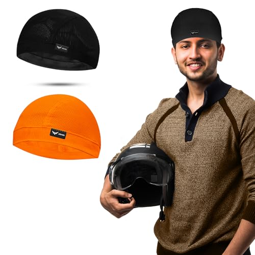 XTRIM Unisex Helmet Skull Cap for Bikers & Cyclists, Cotton Inner Cap, Sweat Absorbing Cooling Beanie for Men & Women, Summer Skull Cap, Sports Headwear, Gym & Bike Accessories (Orange, Black) - Image 1