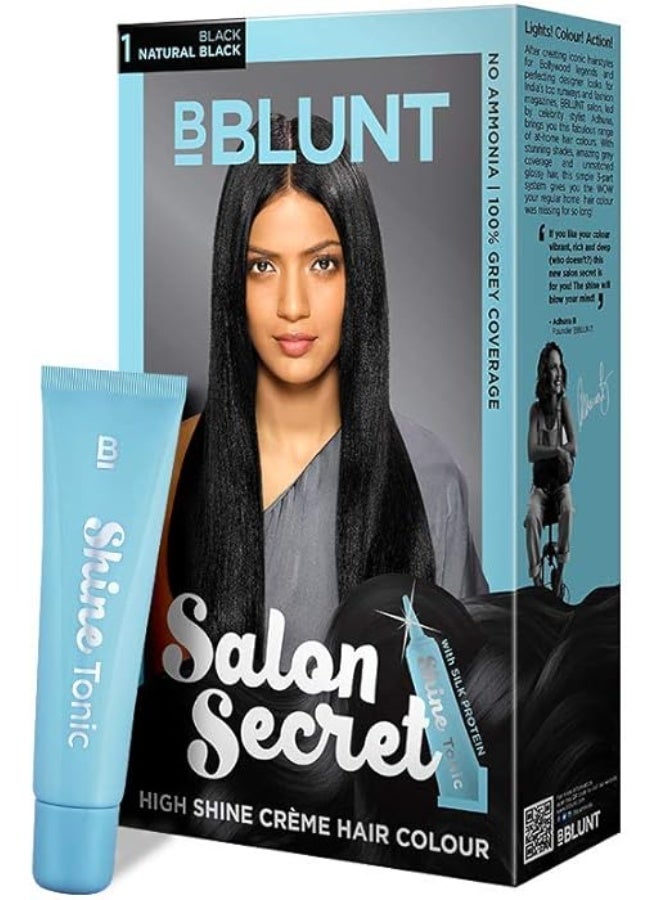 BBLUNT Salon Secret High Shine Crème Hair Colour, Natural Black 1 | With Shine Tonic | No Ammonia | 100% Grey Coverage | Long-Lasting Up to 8 Weeks | Enriched with Silk Proteins & Pro-Vitamin B5