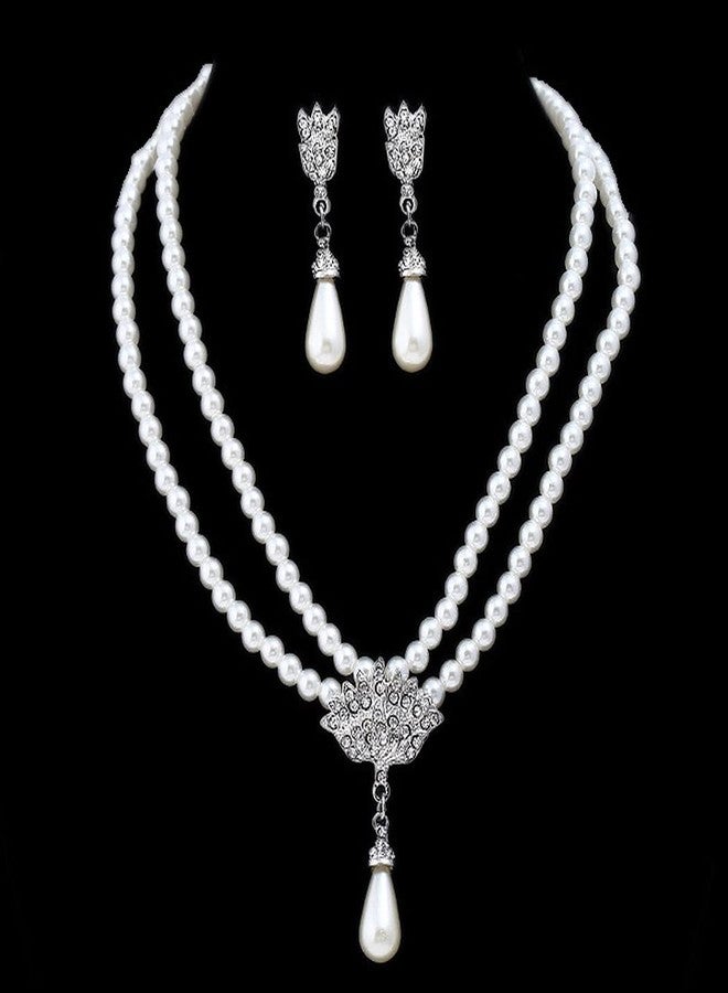 Unicra 1920s Gatsby Pearl Necklace Earrings Set Silver Bride Pearl Jewelry Sets Crystal Multilayer Necklace Jewelry Accessories for Women and Brides - Image 2