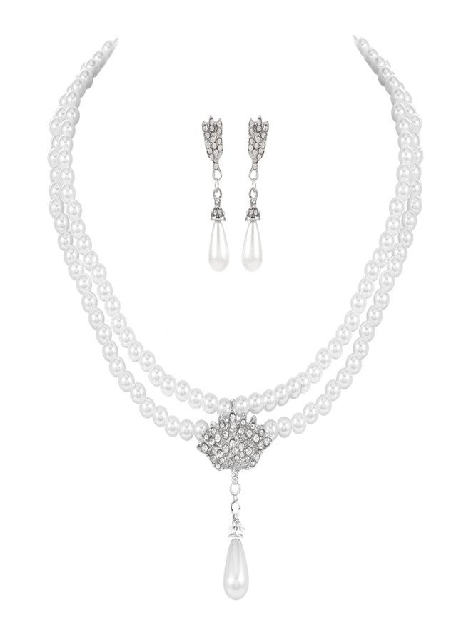 Unicra 1920s Gatsby Pearl Necklace Earrings Set Silver Bride Pearl Jewelry Sets Crystal Multilayer Necklace Jewelry Accessories for Women and Brides - Image 1