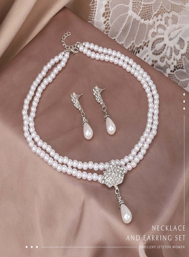 Unicra 1920s Gatsby Pearl Necklace Earrings Set Silver Bride Pearl Jewelry Sets Crystal Multilayer Necklace Jewelry Accessories for Women and Brides - Image 3