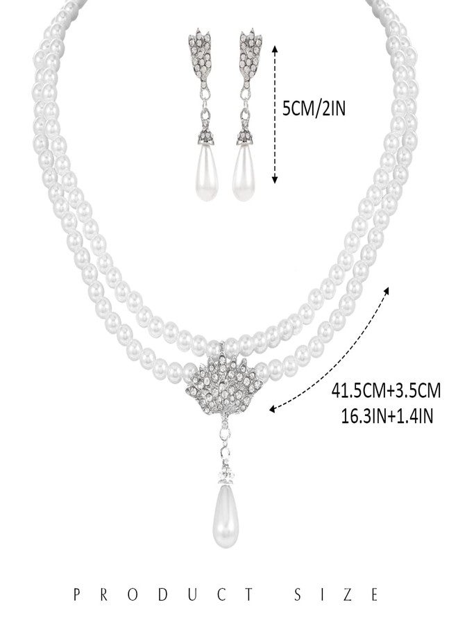 Unicra 1920s Gatsby Pearl Necklace Earrings Set Silver Bride Pearl Jewelry Sets Crystal Multilayer Necklace Jewelry Accessories for Women and Brides - Image 5