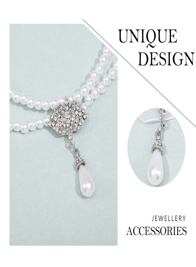 Unicra 1920s Gatsby Pearl Necklace Earrings Set Silver Bride Pearl Jewelry Sets Crystal Multilayer Necklace Jewelry Accessories for Women and Brides - Image 4