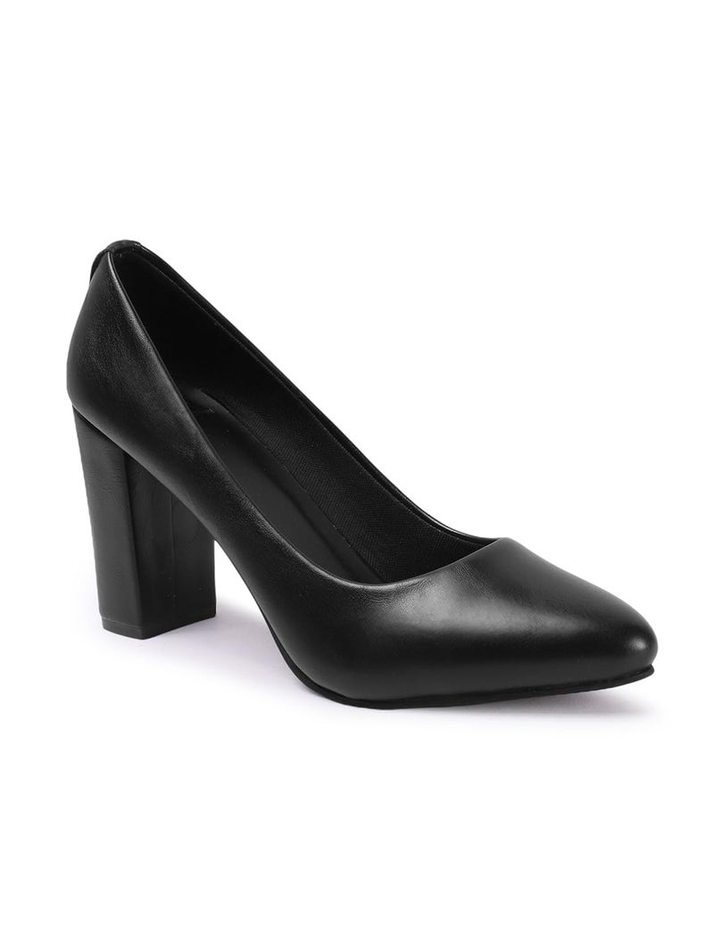 Carlton London Women Black Stylish Slip-on Pump Shoes with Block Heels, Pointed Toe for Party and Formal Occasions (36) - Image 1