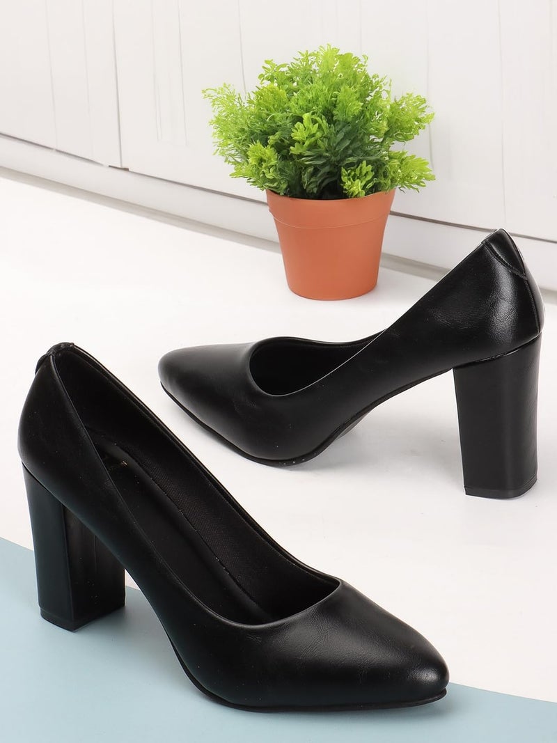 Carlton London Women Black Stylish Slip-on Pump Shoes with Block Heels, Pointed Toe for Party and Formal Occasions (36) - Image 4