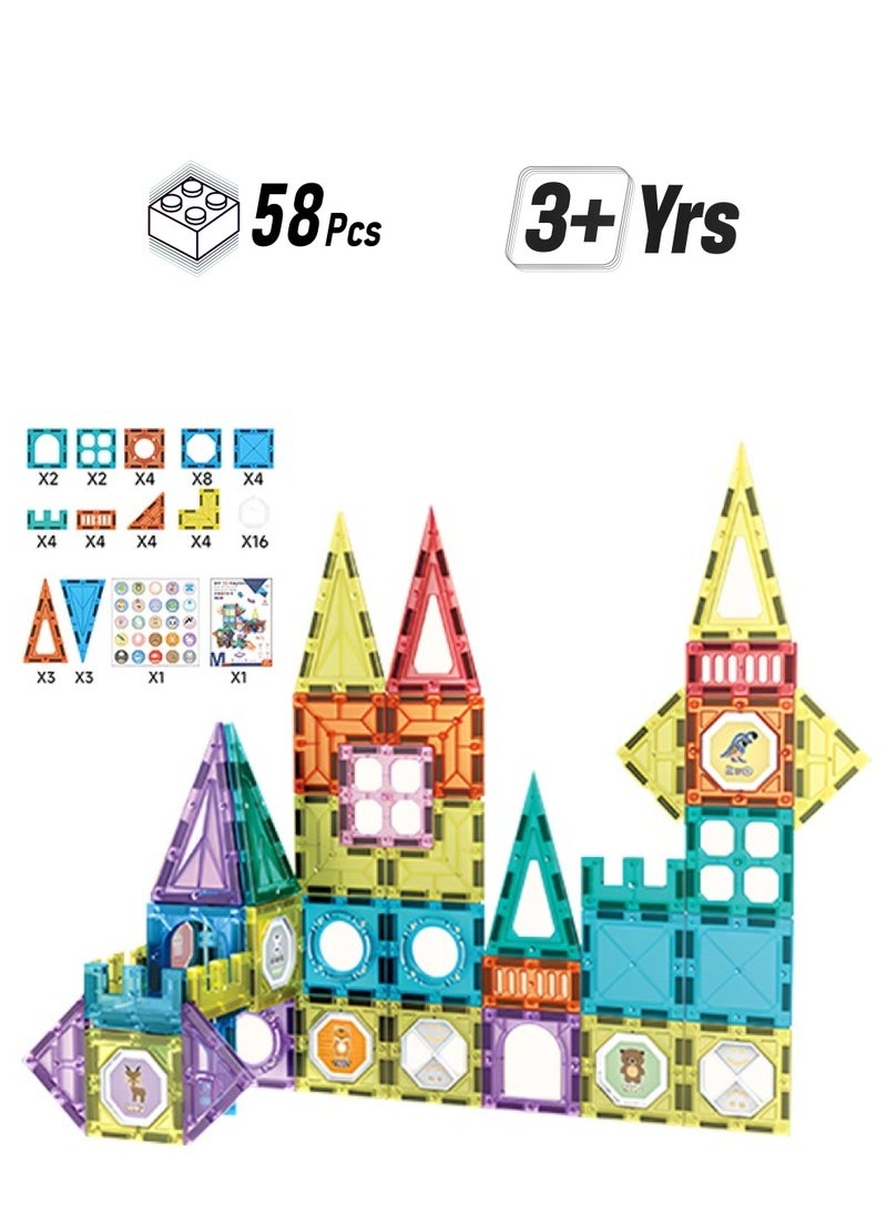 58pcs  Magnetic Building Blocks, Magnetic Building Tiles with Various Shapes, Suitable for Developing Motor Skills and Creativity  - Image 1