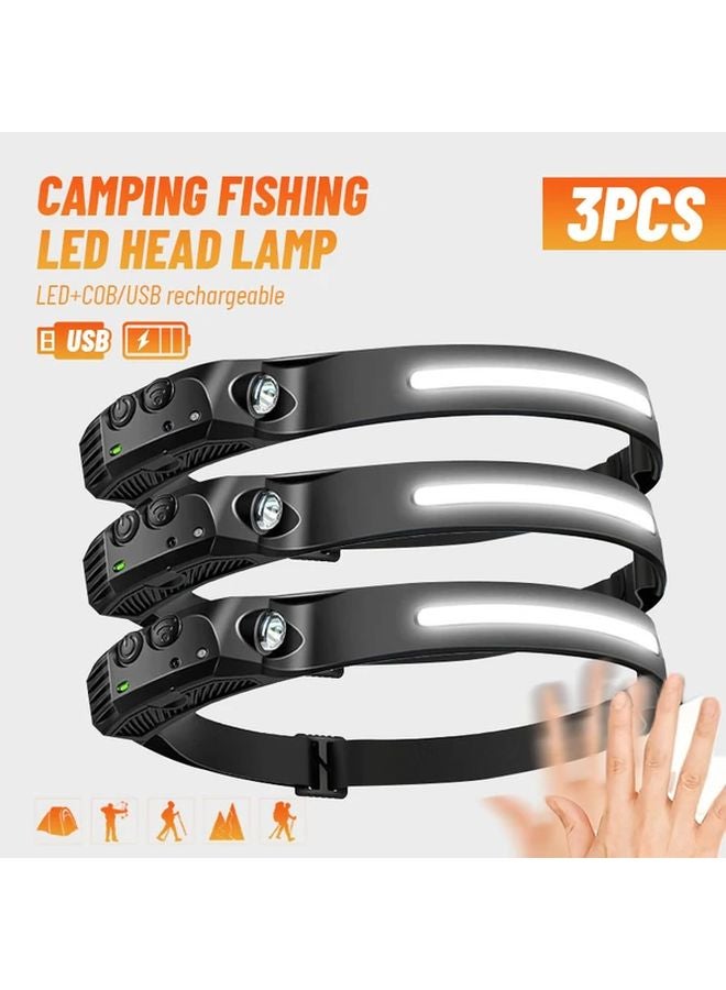 3pcs Ultra Light LED Headlamp Motion Sensor 5 Modes USB Rechargeable ABS COB Flashlight - Image 2