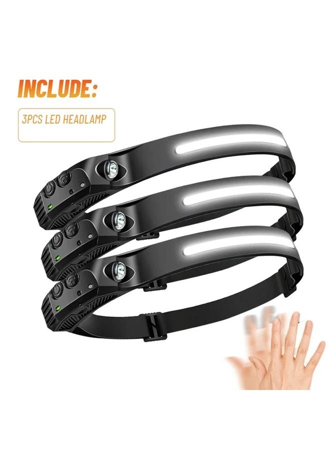 3pcs Ultra Light LED Headlamp Motion Sensor 5 Modes USB Rechargeable ABS COB Flashlight - Image 1