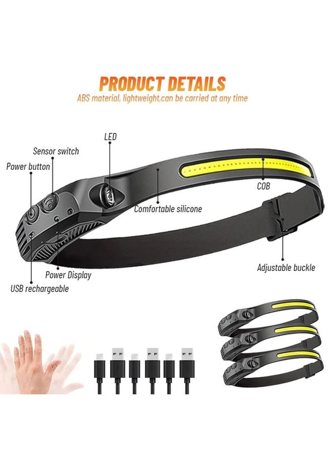 3pcs Ultra Light LED Headlamp Motion Sensor 5 Modes USB Rechargeable ABS COB Flashlight - Image 3