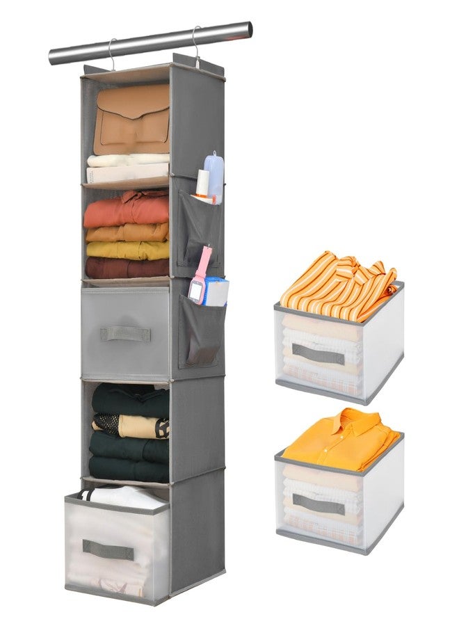 BIEBOS 5-Tier Hanging Organizer for Closet, Fabric Closet Organizer with 2 Hooks, 2 Pull-Out Drawers, Foldable Space-Saving Storage (Gray) - Image 1