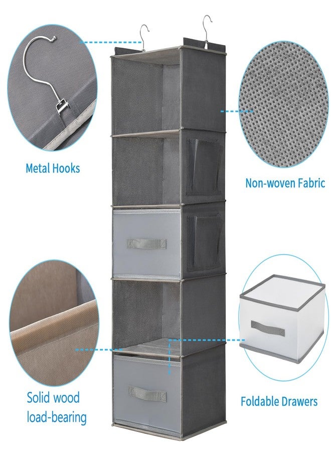 BIEBOS 5-Tier Hanging Organizer for Closet, Fabric Closet Organizer with 2 Hooks, 2 Pull-Out Drawers, Foldable Space-Saving Storage (Gray) - Image 4