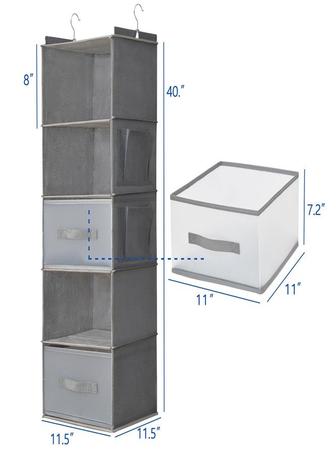 BIEBOS 5-Tier Hanging Organizer for Closet, Fabric Closet Organizer with 2 Hooks, 2 Pull-Out Drawers, Foldable Space-Saving Storage (Gray) - Image 2