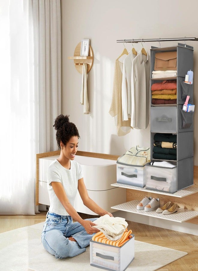 BIEBOS 5-Tier Hanging Organizer for Closet, Fabric Closet Organizer with 2 Hooks, 2 Pull-Out Drawers, Foldable Space-Saving Storage (Gray) - Image 3