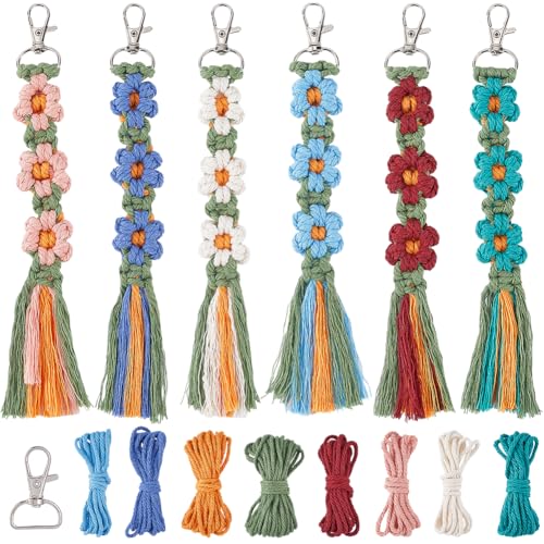 SUNNYCLUE 6 Sets Keychain Making Kits Macrame Keychain Kit Daisy Flower Keychain with Instruction Boho Tassel Keychains Flowers Macrame Kits for Beginners Adults Handbags DIY Hanging Ornament Decor - Image 1