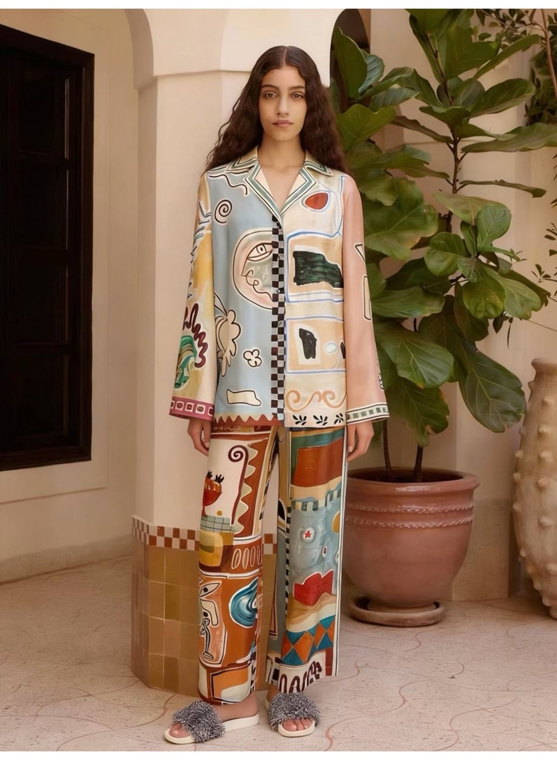 Baroque French Vintage Graffiti Style Printed Long Sleeve Shirt Loose Wide Leg Pant Suits Casual Two Piece Sets Womens Outifits - Image 3