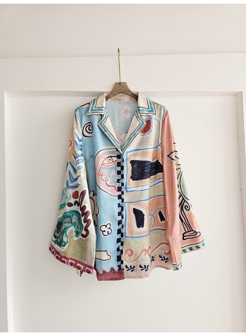 Baroque French Vintage Graffiti Style Printed Long Sleeve Shirt Loose Wide Leg Pant Suits Casual Two Piece Sets Womens Outifits - Image 4