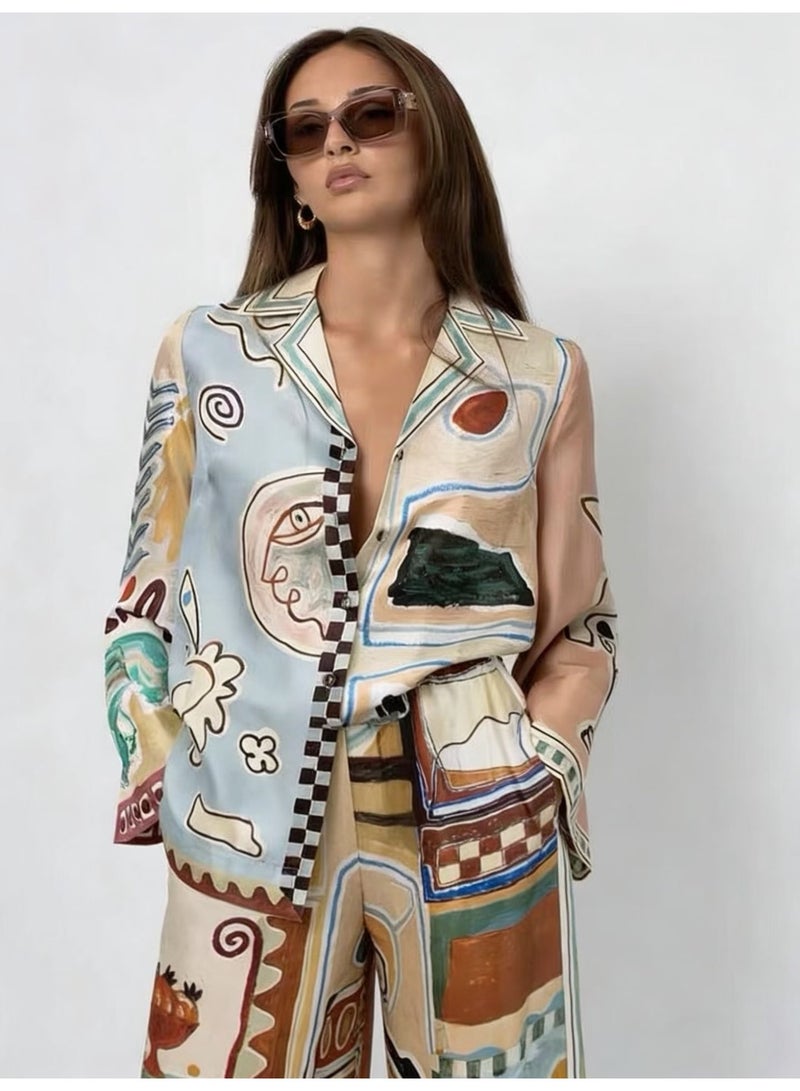 Baroque French Vintage Graffiti Style Printed Long Sleeve Shirt Loose Wide Leg Pant Suits Casual Two Piece Sets Womens Outifits - Image 1