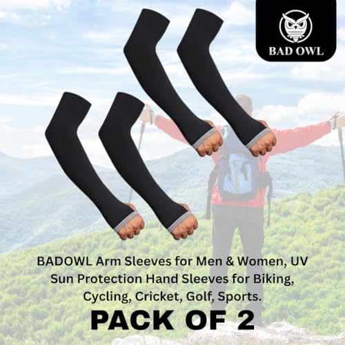 BADOWL Arm Sleeves for Men & Women, UV Protection Hand Sleeve with Thumb for Boys & Girls | Sun Protection Cover for Running, Bike Riding, Cricket - Black - 2 Pair - Image 5