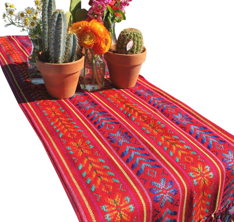 Del Mex Woven Rebozo Style Mexican Table Runner Scarf Red