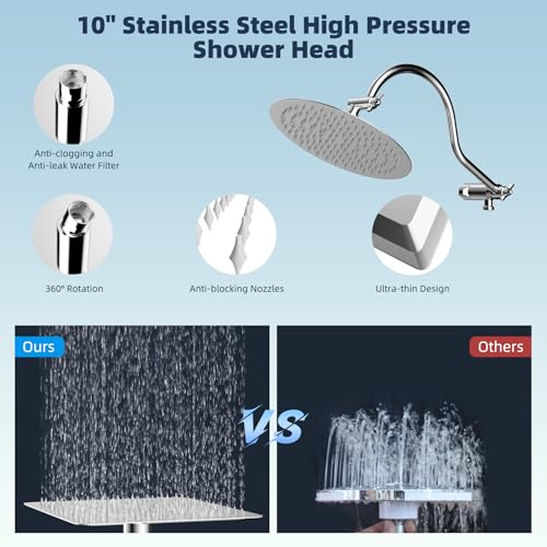 Hibbent All Metal Shower Head, 10'' High Pressure Rainfall Shower Head/Handheld Showerhead Combo with 12'' Adjustable Curve Shower Extension Arm, 10-Spray, 71'' Shower Hose, Shower Head Holder, Chrome - Image 4