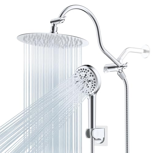Hibbent All Metal Shower Head, 10'' High Pressure Rainfall Shower Head/Handheld Showerhead Combo with 12'' Adjustable Curve Shower Extension Arm, 10-Spray, 71'' Shower Hose, Shower Head Holder, Chrome - Image 1