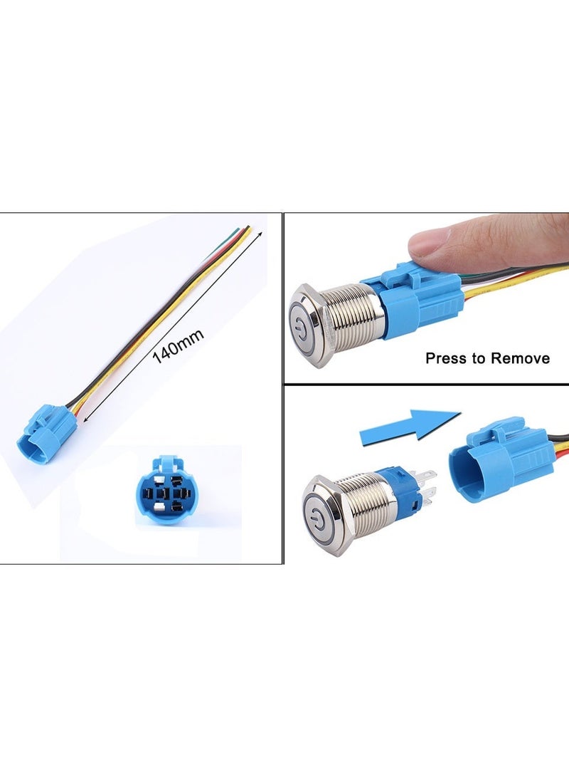 5Pcs 16mm Metal Latching Push Button Switch, Waterproof Anti-Vandal Silver Shell, 12V-24V 1NO 1NC ON/OFF, for 5/8" Mounting Hole with Pigtail, Blue LED with Power Symbol - Image 2