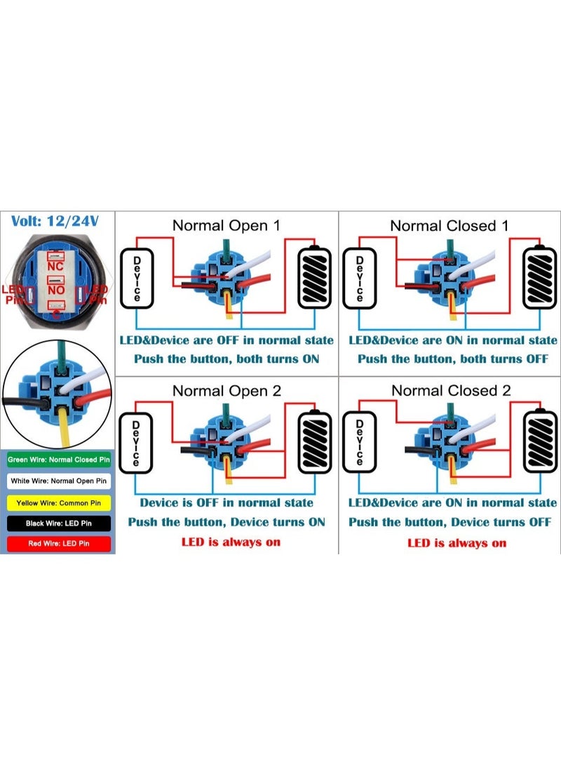 5Pcs 16mm Metal Latching Push Button Switch, Waterproof Anti-Vandal Silver Shell, 12V-24V 1NO 1NC ON/OFF, for 5/8" Mounting Hole with Pigtail, Blue LED with Power Symbol - Image 3