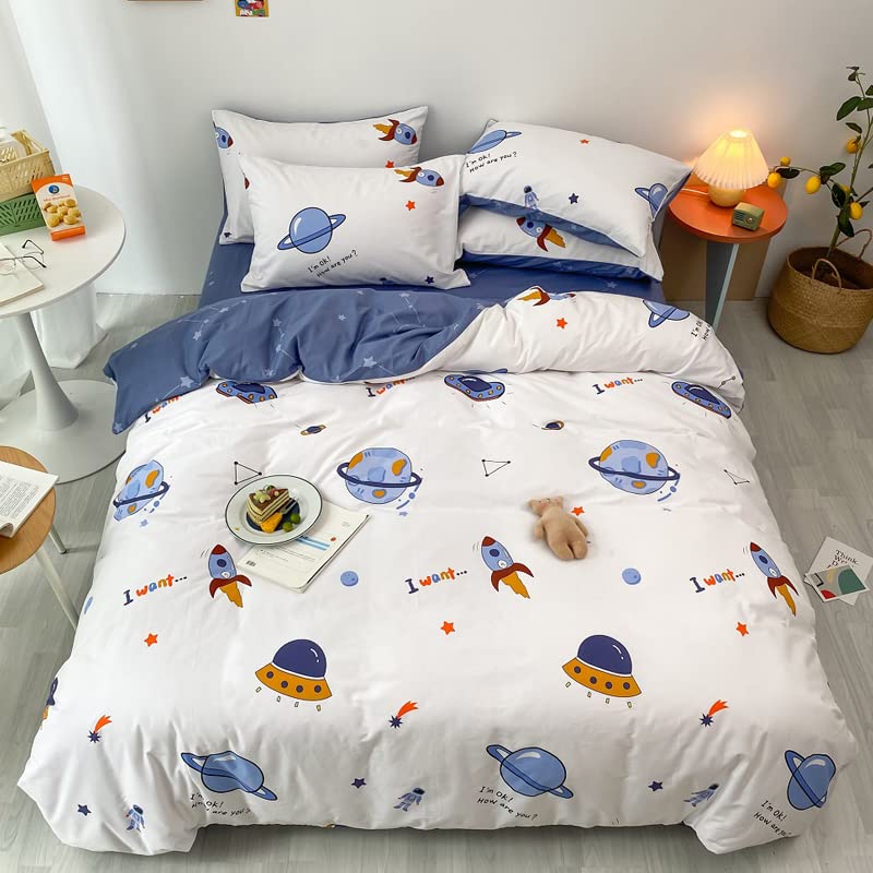 HAVOP 100 Cotton Duvet Cover Double Size Kids Boys Girls Cartoon Space Bedding Set Rocket Planet Stars Printed Quilt Cover Set White And Blue All Season Bedding Set 200200 cm