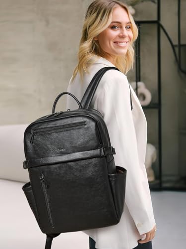 Mroede Leather Laptop Backpack for Women, 15.6 Inch Laptop Travel Backpack Purse Large Capacity Computer Bag, Casual Daypack Nurse Bag College Bookbag for School, Black - Image 2