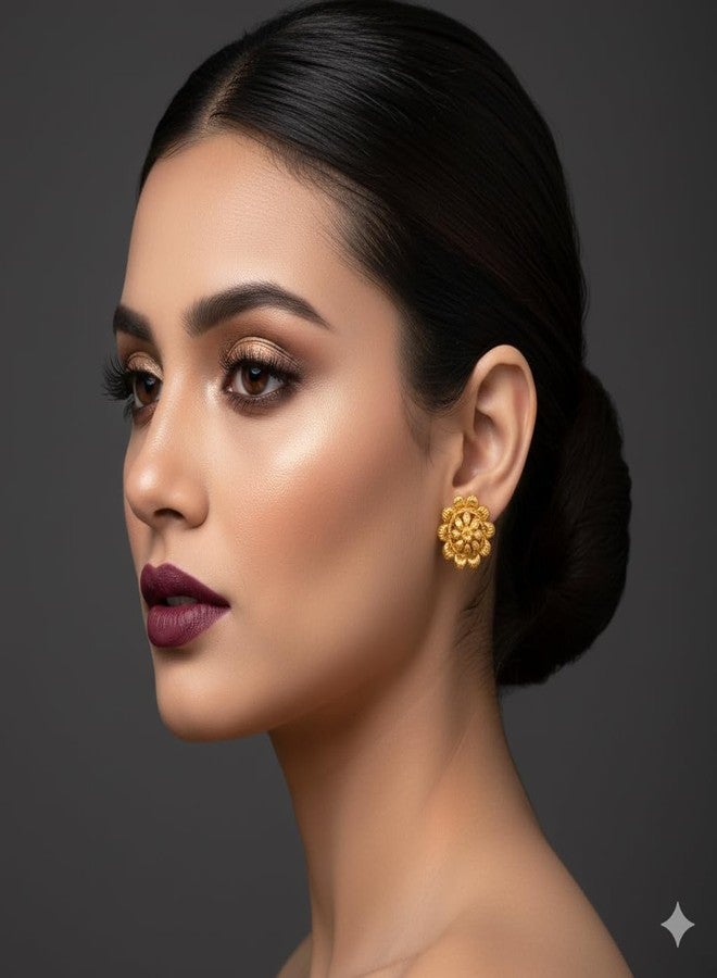 AAIKU Combo 3 Pair Traditional Gold-Plated Floral Stud Earrings for Women & Girls | Lightweight Ethnic Jewelry Set | Stylish Matte Finish Golden Ear Tops - Image 2