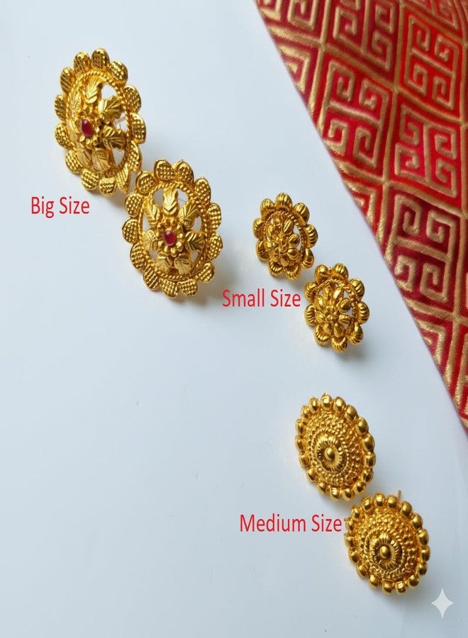 AAIKU Combo 3 Pair Traditional Gold-Plated Floral Stud Earrings for Women & Girls | Lightweight Ethnic Jewelry Set | Stylish Matte Finish Golden Ear Tops - Image 5