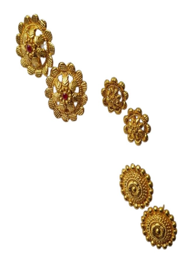 AAIKU Combo 3 Pair Traditional Gold-Plated Floral Stud Earrings for Women & Girls | Lightweight Ethnic Jewelry Set | Stylish Matte Finish Golden Ear Tops - Image 1
