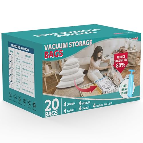 20 Pack Vacuum Storage Bags Vacuum Seal Bags for Clothing Comforters Blankets Space Saver Vacuum Storage Bags with Hand Pump 4Jumbo 4Large 4Medium 4Small 4Roll
