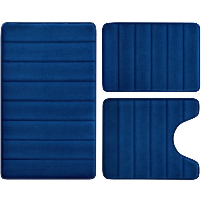 NAVY BLUE MEMORY FOAM BATHROOM RUG SET 3 PIECE NON SLIP EXTRA SOFT ABSORBENT BATH MATS MACHINE WASHABLE DRY TOILET MAT SETS FOR BATHROOM FLOOR
