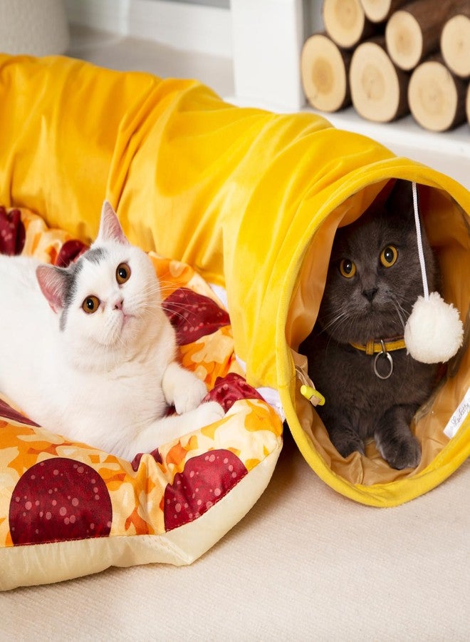 LUCKITTY سرير نفق للقطط من لاكيتي - تصميم على شكل بيتزا بيكابو لراحة ومرح الحيوانات الأليفة - قطر 9.8 بوصة، لون أصفر - Image 3
