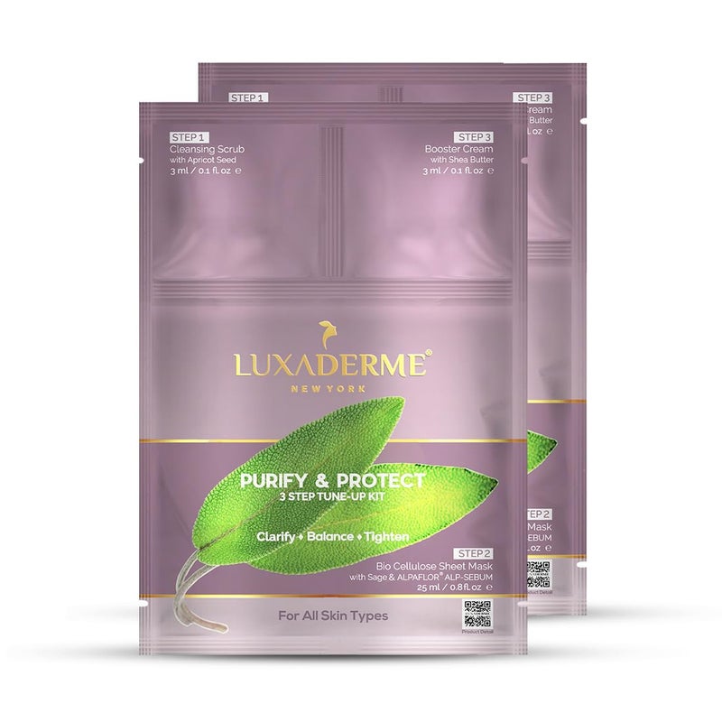 LuxaDerme Purify Protect 3 Step TuneUp Kit Cleansing Scrub Bio Cellulose Sheet Mask Booster Cream Pack of 2