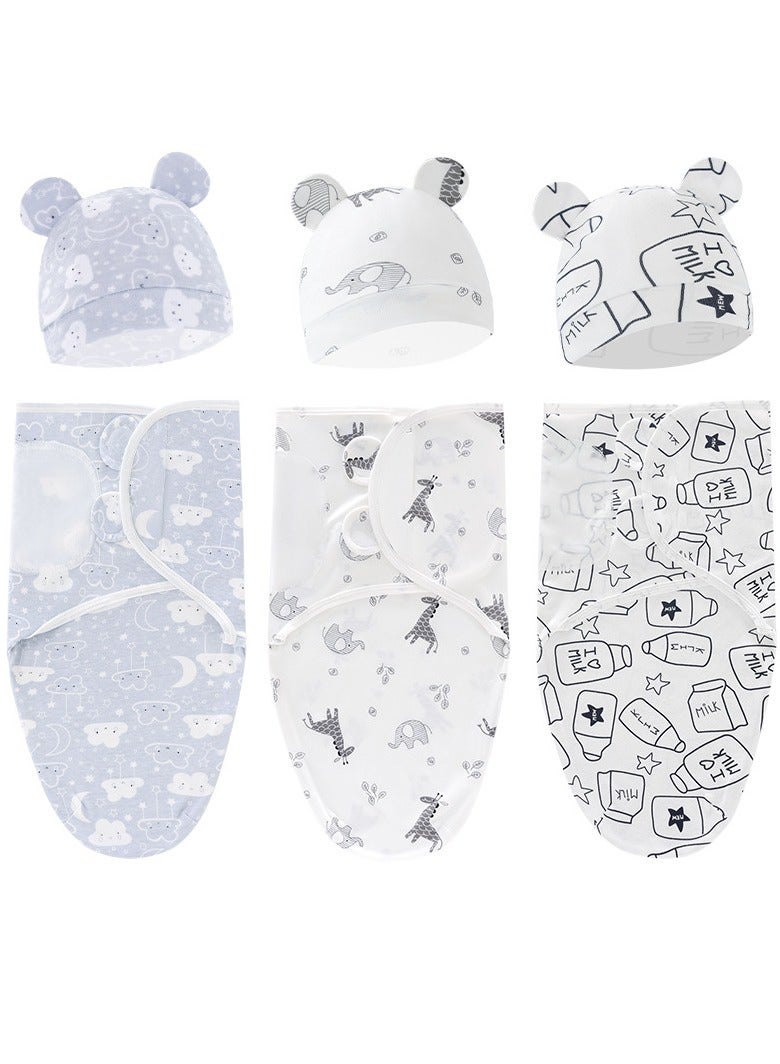 Baby Swaddle Blanket Wrap Cap Set Newborn Infant Sleep Sack With Caps 100% Breathable Cotton 0-6 Month