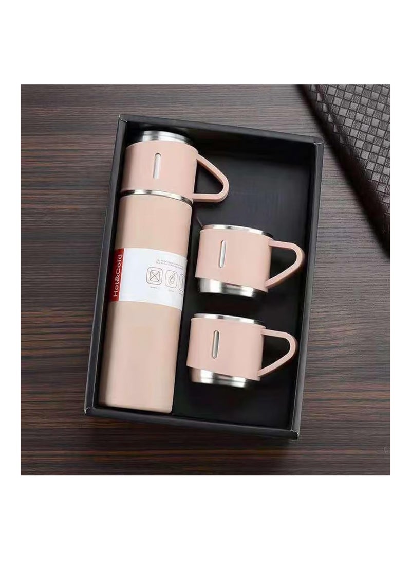 Nessan 3-Piece Stainless Steel Gift Set Vacuum Thermal Mug Flask Bottle with 2 Extra Cup Set Leak-proof Mug Insulated Travel Business Trip Water Bottle Thermos Hot & Cold Up to 12 Hours 500ml - Peach - Image 1