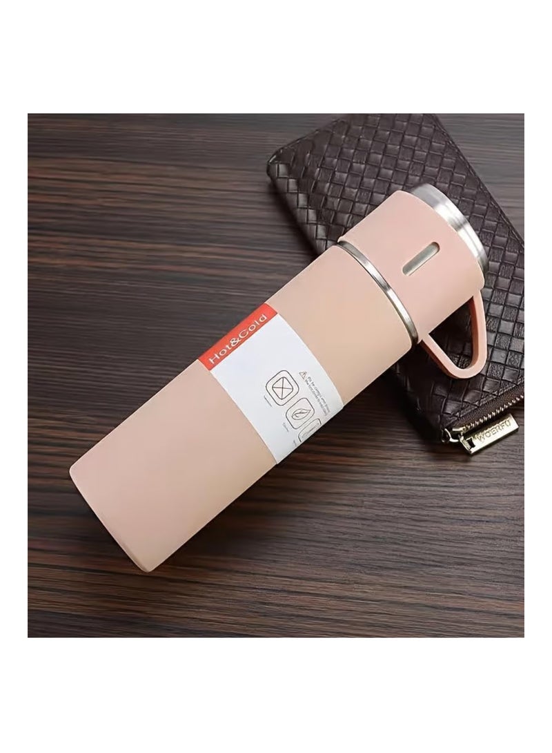 Nessan 3-Piece Stainless Steel Gift Set Vacuum Thermal Mug Flask Bottle with 2 Extra Cup Set Leak-proof Mug Insulated Travel Business Trip Water Bottle Thermos Hot & Cold Up to 12 Hours 500ml - Peach - Image 2