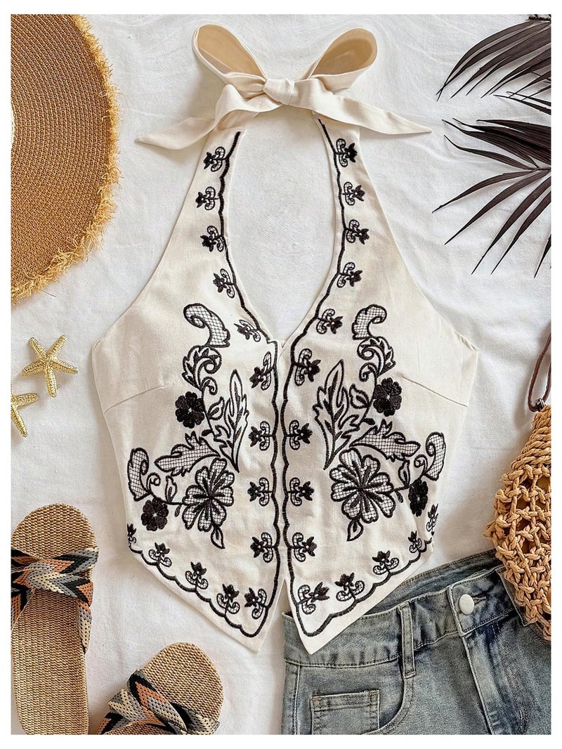 OYOANGLE Women's Floral Boho Summer Halter Crop Tops Embroidery Vacation Tank Top Tie Backless Vintage Going Out Tops Khaki Large - Image 2