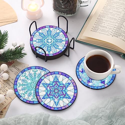 Shellwei 8 Pcs Snowflake Diamond Art Coasters Christmas Winter Diamond Painting Art Kits with Holder for Beginners Adults DIY Crafts Gift - Image 2