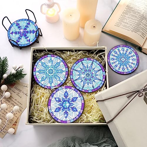 Shellwei 8 Pcs Snowflake Diamond Art Coasters Christmas Winter Diamond Painting Art Kits with Holder for Beginners Adults DIY Crafts Gift - Image 5