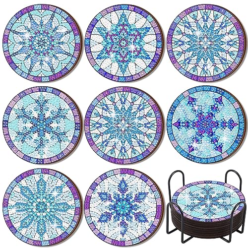 Shellwei 8 Pcs Snowflake Diamond Art Coasters Christmas Winter Diamond Painting Art Kits with Holder for Beginners Adults DIY Crafts Gift - Image 1