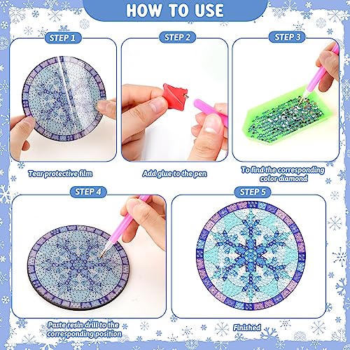 Shellwei 8 Pcs Snowflake Diamond Art Coasters Christmas Winter Diamond Painting Art Kits with Holder for Beginners Adults DIY Crafts Gift - Image 4
