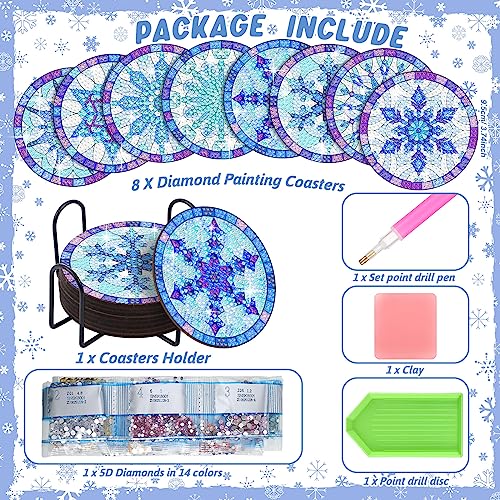Shellwei 8 Pcs Snowflake Diamond Art Coasters Christmas Winter Diamond Painting Art Kits with Holder for Beginners Adults DIY Crafts Gift - Image 3