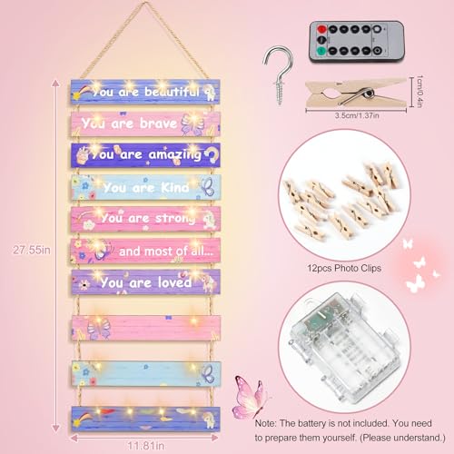 Homecor Pink Hanging Photo Display Wall Decor with 8 Lighting Modes, Printed Inspirational Quotes & Unicorn Butterfly Patterns, Teen Girls Bedroom Decor, Birthday Gift for Teenage Girls - Image 2