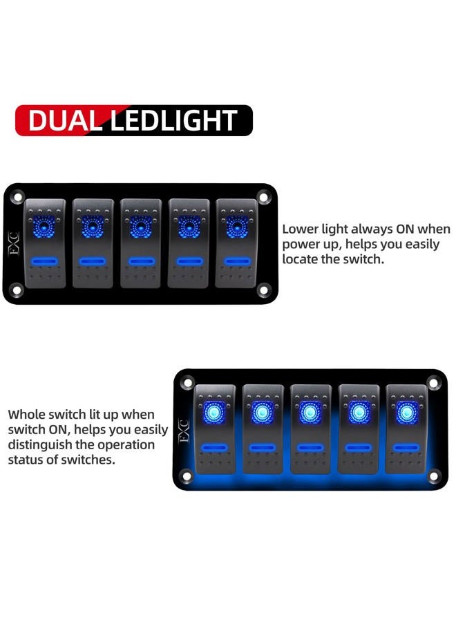 FXC Rocker Switch Aluminum Panel 5 Gang Toggle Switches Dash 5 Pin ON/OFF 2 LED Backlit for Boat Car Marine Red - Image 2